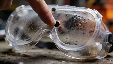 Pressing finger through punctured safety goggles revealing fogged lens, jagged hole on workbench