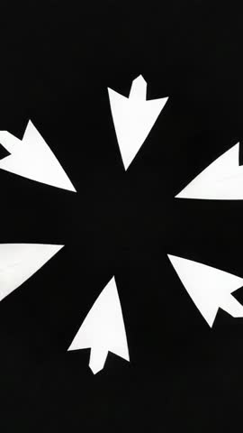 Rotating White Arrowheads Forming Radial Star Pattern on Black Background Vertical Motion Loop