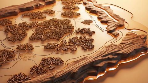 Intricate sandalwood topographic relief map with carved tree motifs