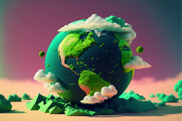 Globe and clouds on cracked ground on purple background, created using generative ai technology. Earth day and ecology concept digitally generated image.
