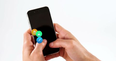 Hands Interacting with Smartphone and Colorful Digital Icons Overlay - Download Free Stock Images Pikwizard.com