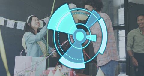 Office Baby Shower Celebrating Mom-to-Be Pulling Streamers with Futuristic HUD Overlay