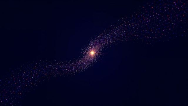 Radiant core emitting streaming purple and blue particle ribbon across deep navy void