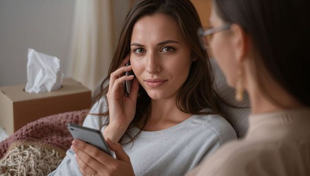 Young woman holding smartphone to ear and checking second phone while listening on sofa