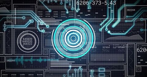 Displaying glowing concentric hud reticle overlaying cyber circuitry with data telemetry panels