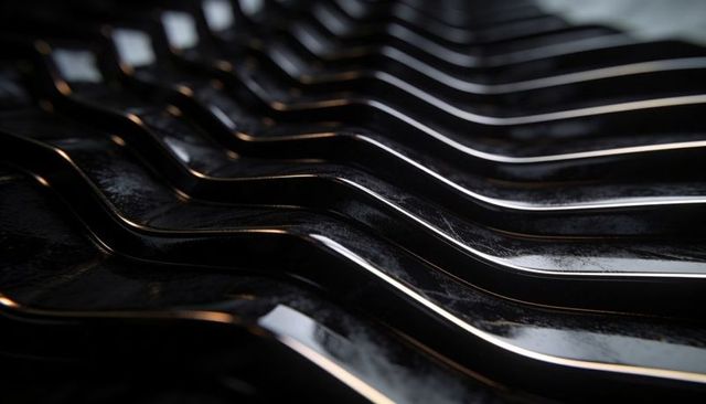Glossy wavy metal ribs with warm rim light and surface scuffs abstract industrial texture