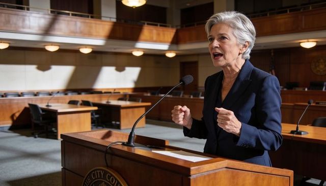 Mature woman delivering courtroom address at podium, commanding authoritative presence