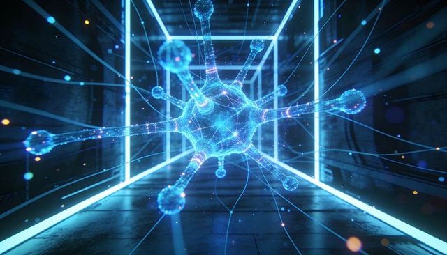 Neon Neural Nexus Emitting Glowing Tendrils and Data Mesh in Futuristic Tunnel, Pulsing Core