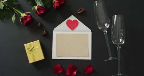Valentine's Day Envelope, Roses, and Champagne Glasses Arrangement - Download Free Stock Images Pikwizard.com