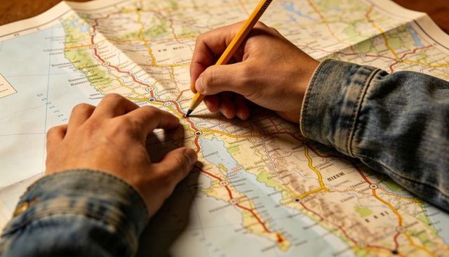 Marking coastal road junction with pencil while planning road trip route on folded map