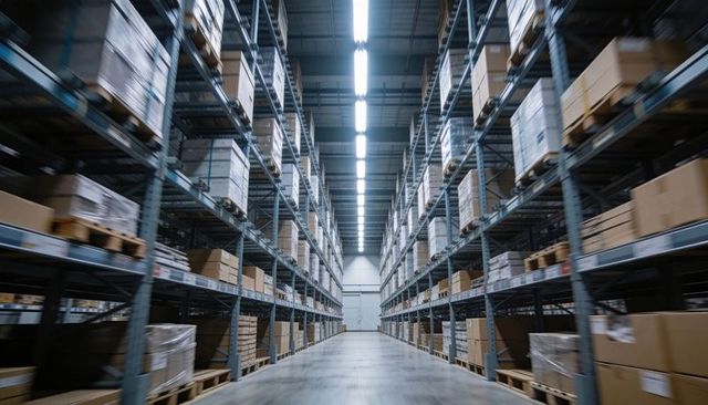 Long warehouse aisle stretching to roll-up door with high steel racking and stacked boxes
