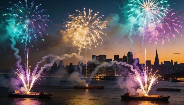 Celebratory fireworks lighting skyline over harbor barges at dusk