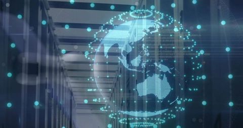Holographic Global Network Floating Above Data Center Aisle with Server Racks and LEDs