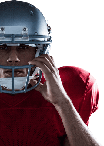 Half portrait of american football player adjusting helmet on transparent background