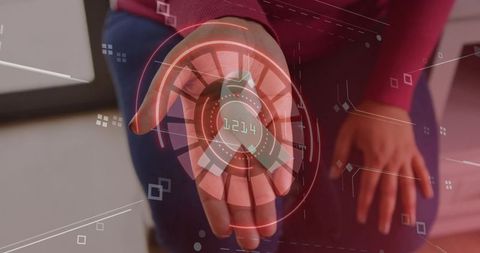 Woman holding holographic hud 1214 above palm, showing augmented reality interface