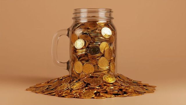 Glass mason jar overflowing with gold coins on beige background for savings and wealth