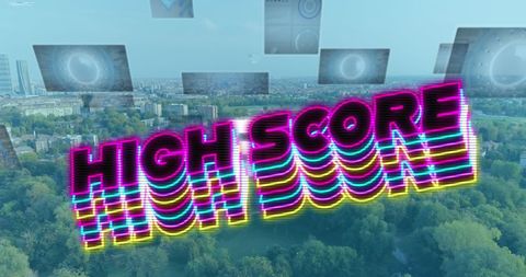 Neon High Score Text Overlaid on Futuristic Cityscape