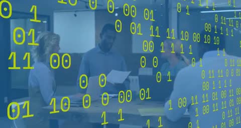 Business Team Analyzing Document Amid Digital Binary Overlay