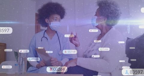 Home nurse consulting senior patient about medication with digital health hud overlays