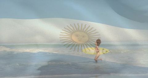 Solo surfer running into waves with yellow surfboard and argentine sun flag overlay