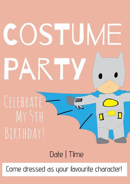 Perfect for inviting young children to a themed birthday party. Can be customized with specific date and time. Ideal for sending out to guests for a vibrant and fun celebration, encouraging costumes and playful interaction. The cartoon superhero appeals to kids and sets an adventurous mood.