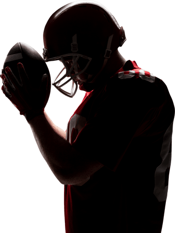 Transparent backlit american football player holding ball helmet