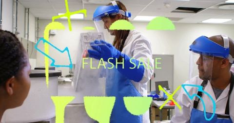 Scientists in Lab Working Amid Flash Sale Neon Doodles