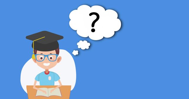 Digital image of graduated boy icon with globe on speech bubble against blue background. back to school and education concept