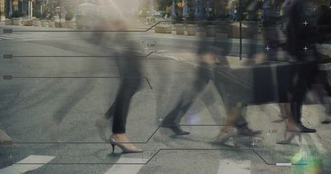 Blurred Commute: Walking Professionals with Digital Concept Overlay