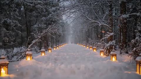 Two Figures Walking Down Lantern-Lined Snowy Forest Path at Dusk | Winter Evening Ambience