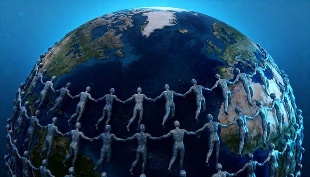Metallic human chain encircling earth representing global unity and digital connectivity