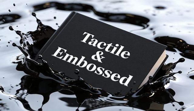 Tactile embossed hardcover book splashing into glossy black liquid with reflections