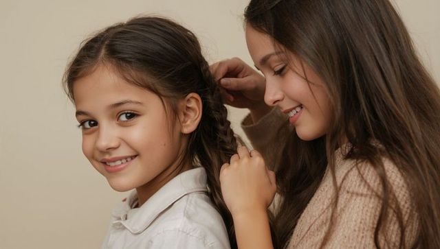 Sisters smiling and braiding hair demonstrating family bonding