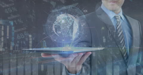 Businessman Holding Digital Globe Displaying Data Analytics