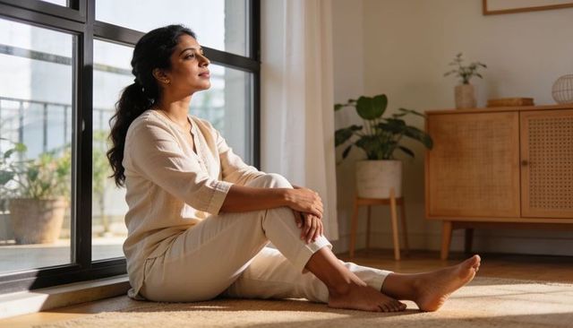 Sunlit woman sitting by glass door, gazing outside in serene minimalist home loungewear