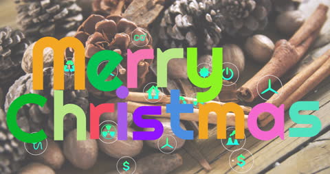 Merry Christmas Over Natural Pine Cones and Cinnamon in Rustic Setting