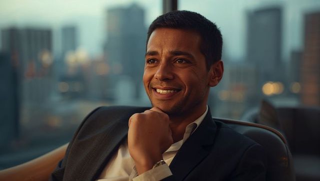 Smiling Executive Man Relaxing with City View