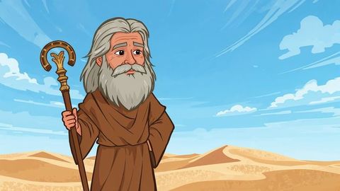 Elderly Man with Staff in Desert Landscape Under Blue Sky