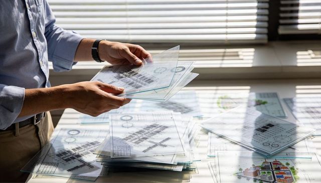 Architect reviewing transparent overlay blueprints on sunlit desk with window blinds