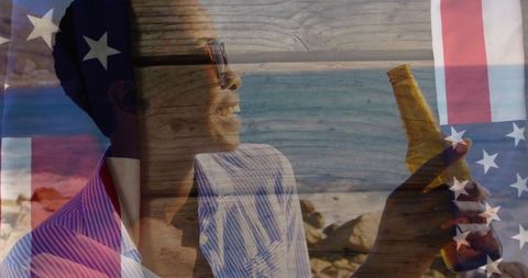 Smiling Woman Holding Beer Bottle at Rocky Shore with American Flag Overlay