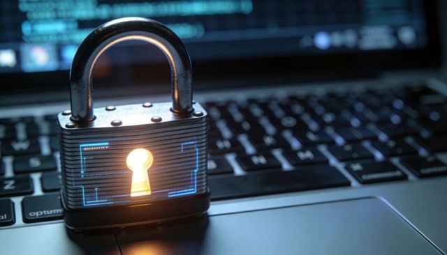 Glowing keyhole padlock securing laptop representing cybersecurity and data protection