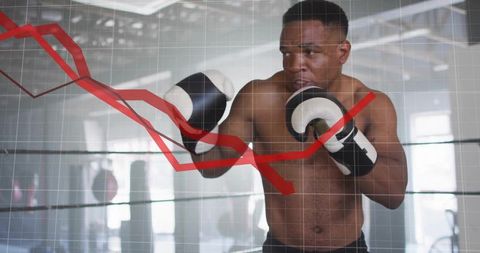 Boxer in Ring with Declining Stock Chart Overlay, Symbolizing Financial Challenges