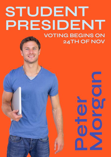 A young man holds a laptop and smiles confidently, promoting a student president election campaign. Ideal for use in educational institutions' promotional materials, voter outreach programs, student government advertisements, and leadership campaign designs.