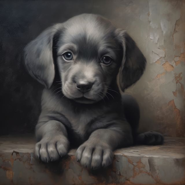 Portrait of cute grey puppy with blue eyes sitting, created using generative ai technology. Dogs, domestic animals and pets concept digitally generated image.