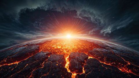 Lava fissures on alien terrain at sunrise