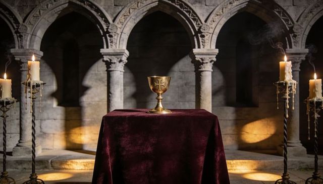 Gold chalice on velvet altar in romanesque chapel with candlelight and stone arches