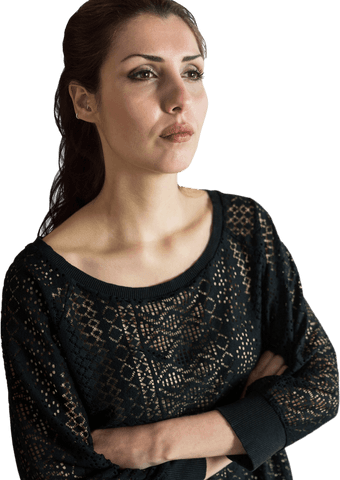 Transparent Concerned Woman Standing with Crossed Arms