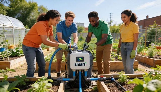 Volunteers adjusting smart irrigation controller in community garden raised beds