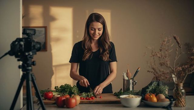 Home cooking vlog woman chopping cherry tomatoes on wooden cutting board while filming