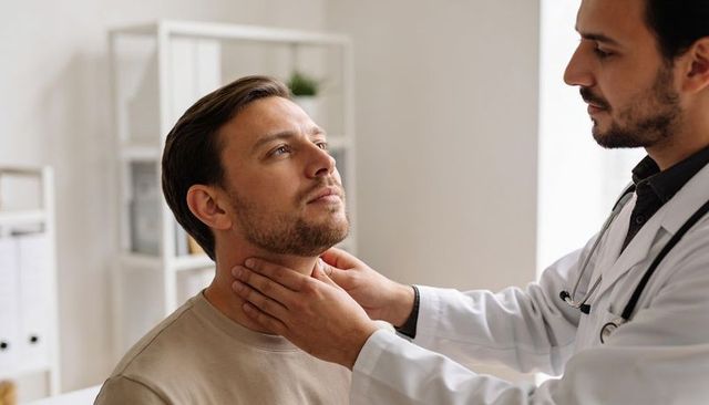Physician palpating male patient throat during examination for medical consultation
